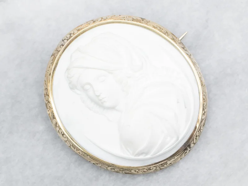 ladies gold brooch tree motifs -Vintage White Cameo Brooch