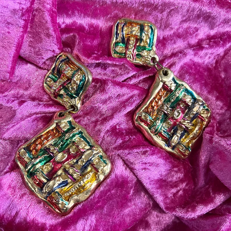 ladies yellow gold earrings curves -Jacky De G chandelier earrings Multi colour Tartan Design