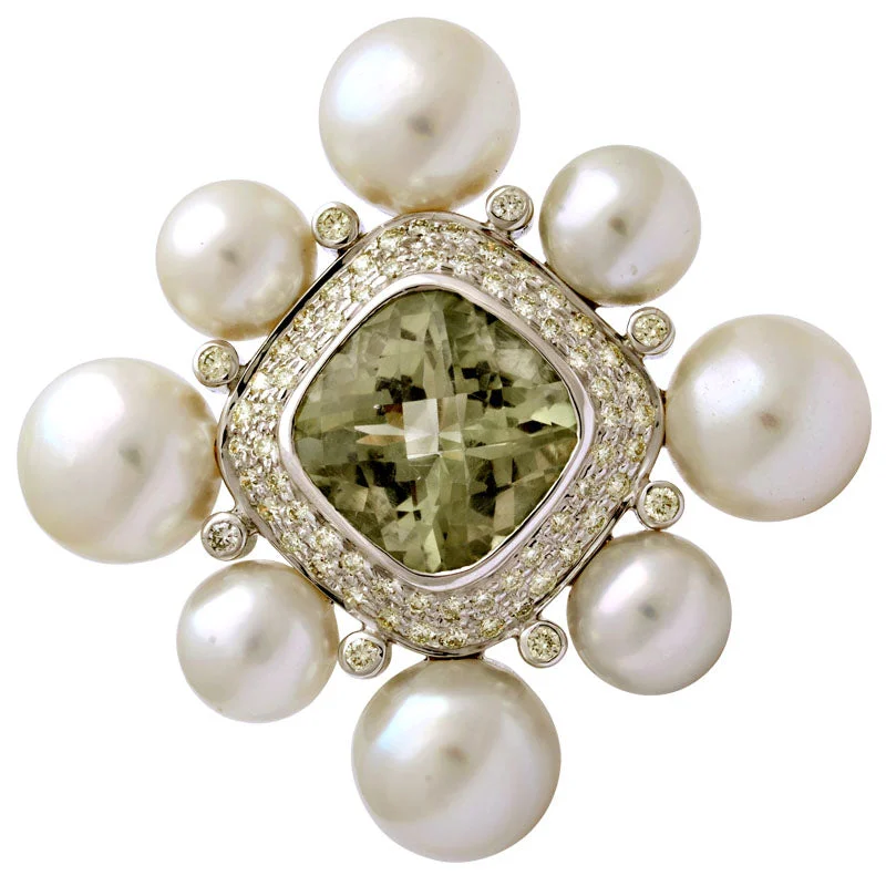 rose gold pearl brooch for women -Brooch-Green Quartz, South Sea Pearl and Diamond