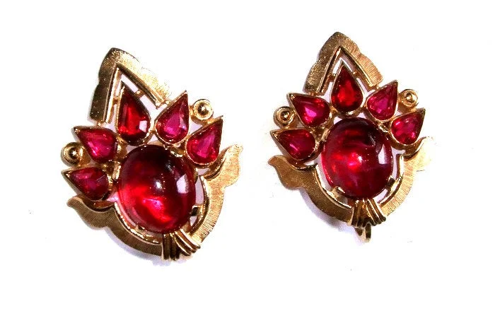 modern chandelier earrings for women -Vintage Trifari Earrings Jewels Of India Ruby Glass Clip On1965