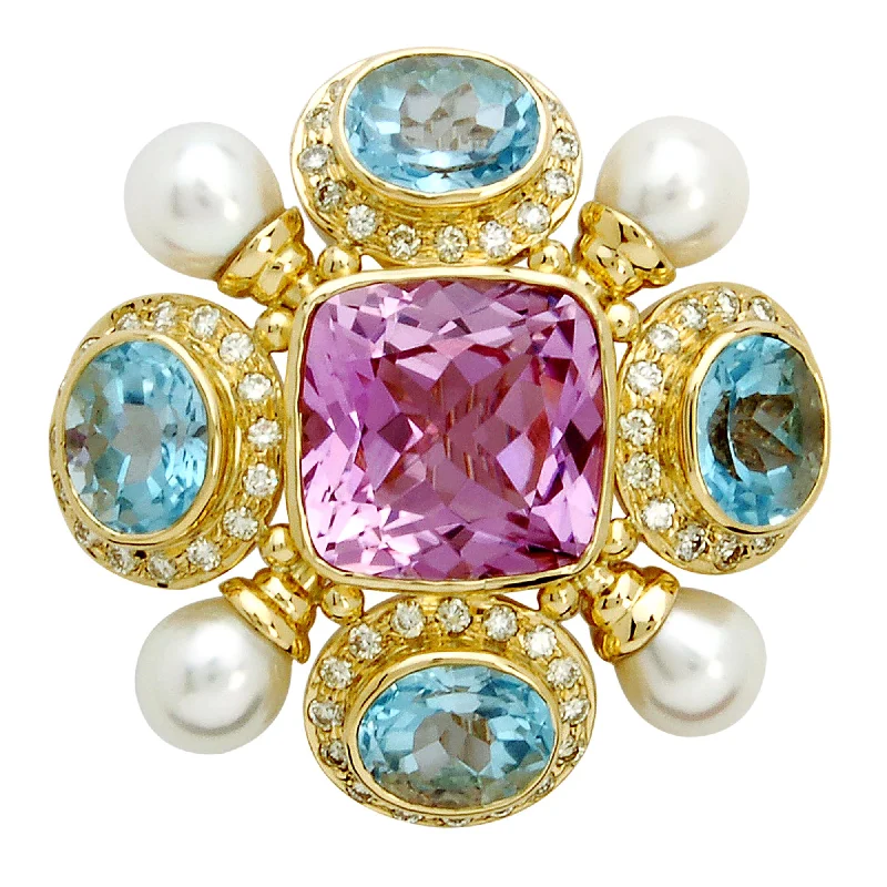 lattice pattern brooch for women -Brooch- Kunzite, Blue Topaz, Pearl And Diamond