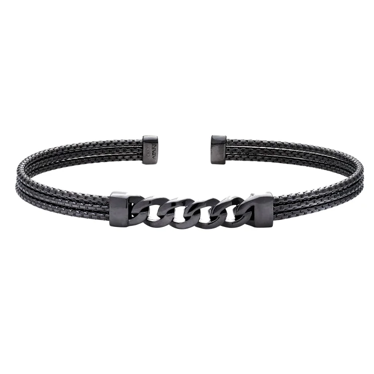 Ladies even balance bracelets -Black Rhodium Finished Sterling Silver 3 Cable Curb Link Cuff Bracelet