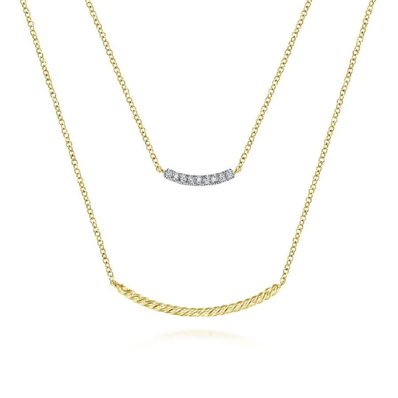 Sunray shine necklaces -Gabriel & Co. - NK6087Y45JJ - 14K Yellow Gold Two Strand Twisted and Diamond Bar Necklace