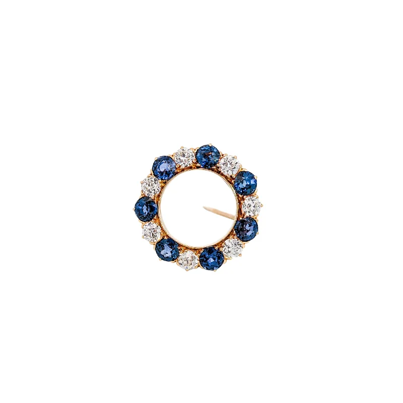 ladies gold brooch sun designs -Edwardian Tiffany & Co. Yogo Gulch Montana Sapphire & Diamond Circle Brooch