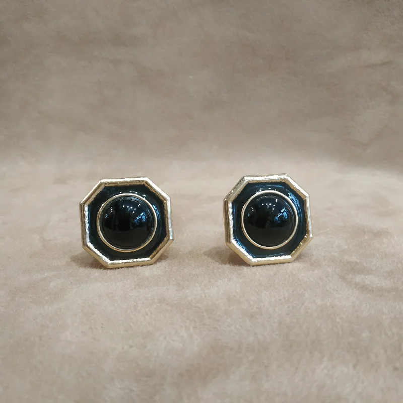 polished gold earrings for women -Vintage Octagonal Onyx Black Clip On earrings by Balenciaga