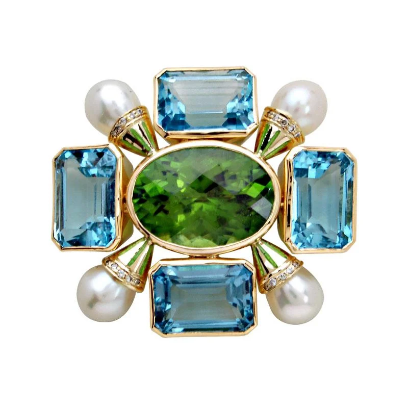 ladies gem brooch ocean themes -Brooch-Peridot, Blue Topaz, Pearl and Diamond (Enamel)  (1360H)