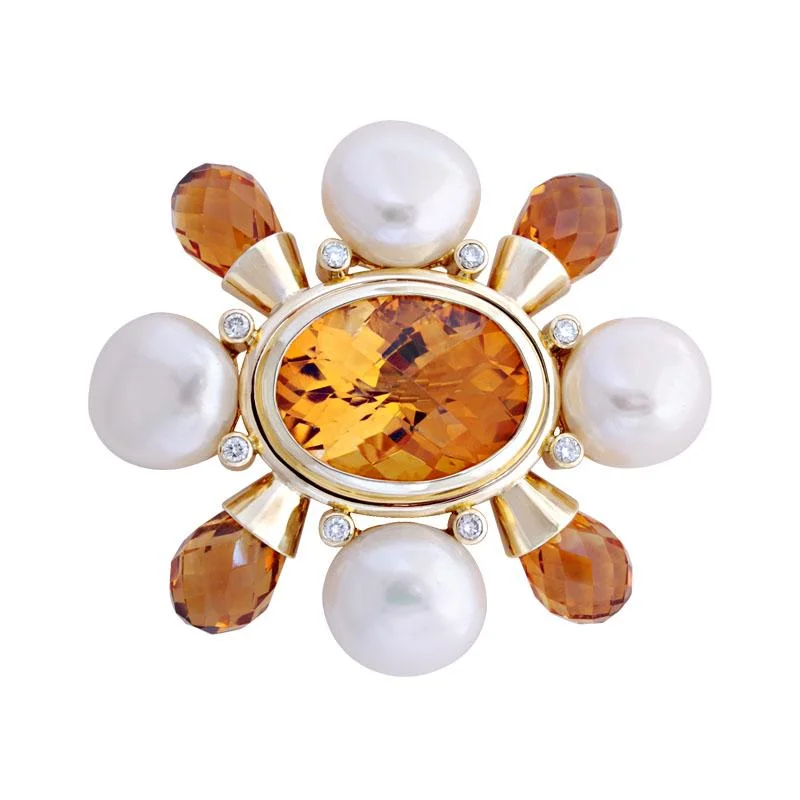 ladies gold brooch bird motifs -Brooch-Citrine, Pearl and Diamond  (1823C)