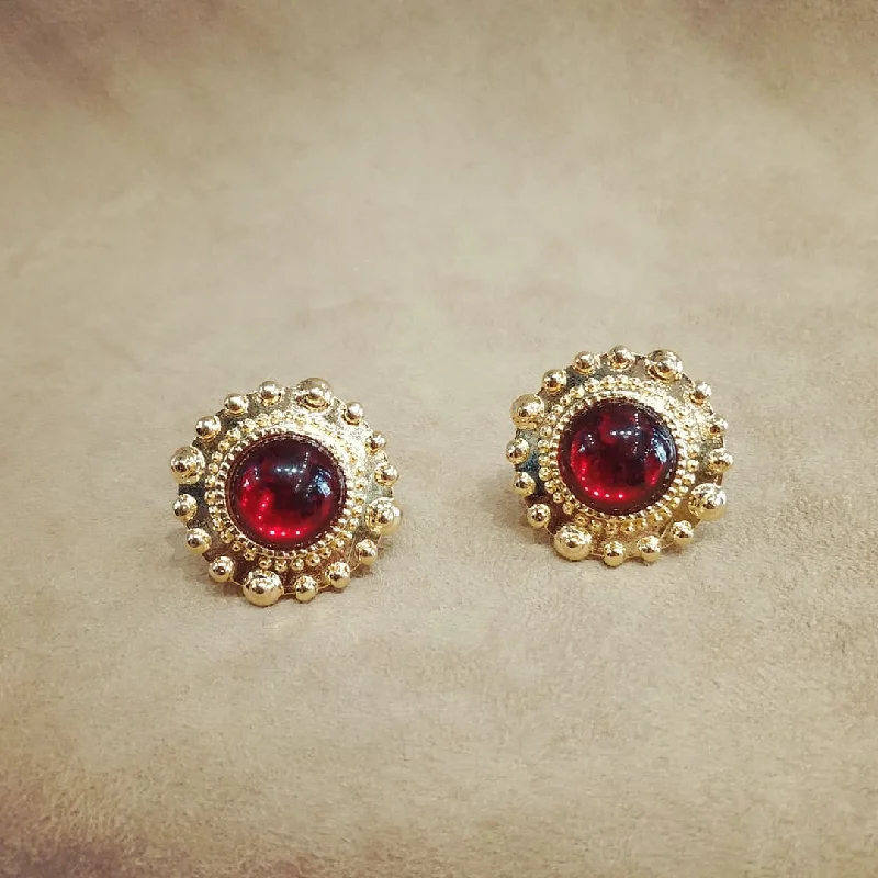 dotted texture earrings for women -Large red and gold vintage glass clip on earrings beaded dot trim