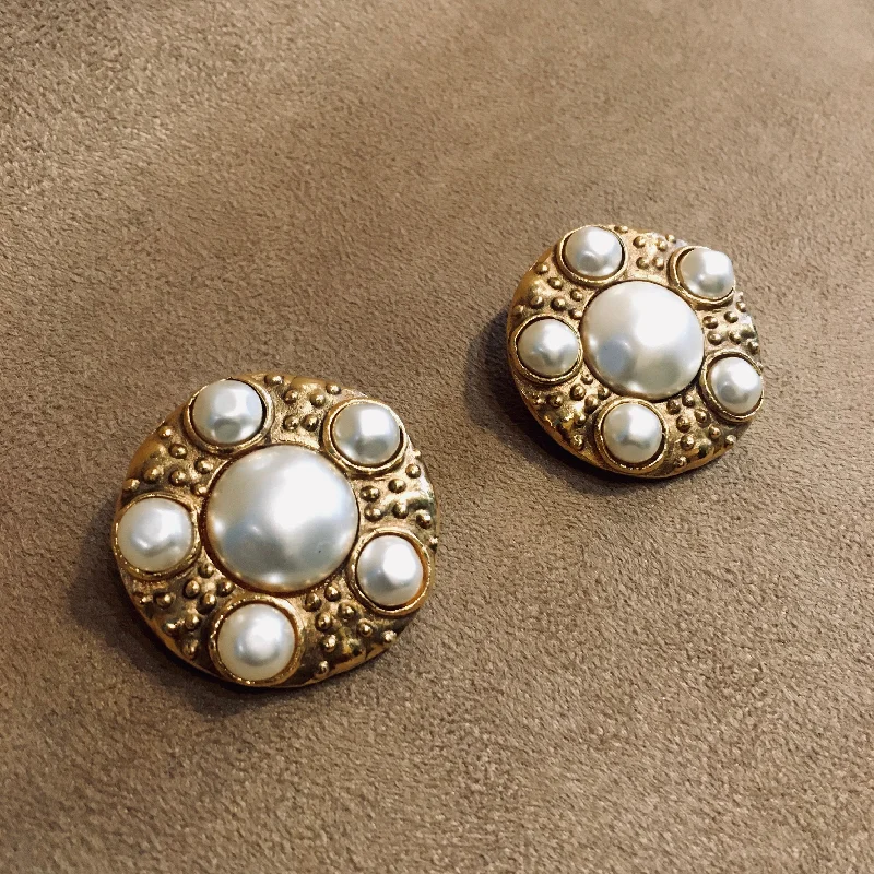 ladies rose gold earrings flowers -Vintage Chanel glass baroque pearl clip on earrings