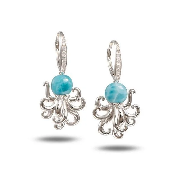 ladies silver earrings topaz stones -Larimar Kraken Leverback Earrings by Alamea