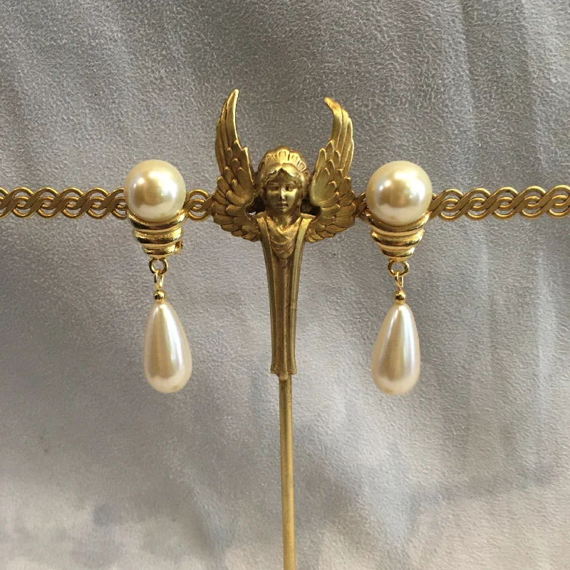 ladies gem earrings celestial themes -Vintage Gold and Pearl Clip on Drop Chandelier Earrings