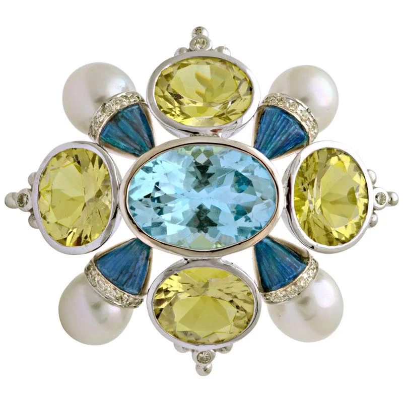 ladies silver brooch tourmaline stones -Brooch-Blue Topaz, Lemon Quartz, South Sea Pearl and Diamond (Enamel)  (132AS)