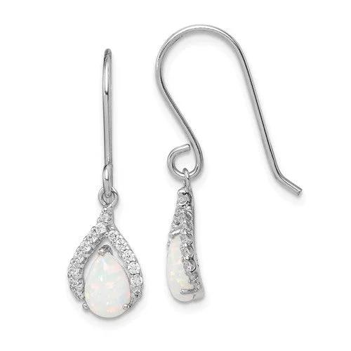 double drop earrings for women -Sterling Silver Pear White Lab Created Opal Dangle Earrings