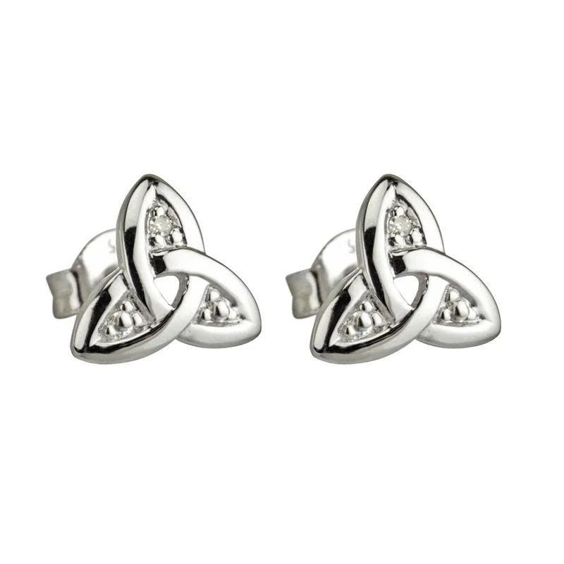 silver floral earrings for women -14K White Gold Trinity Knot Diamond Stud Earrings