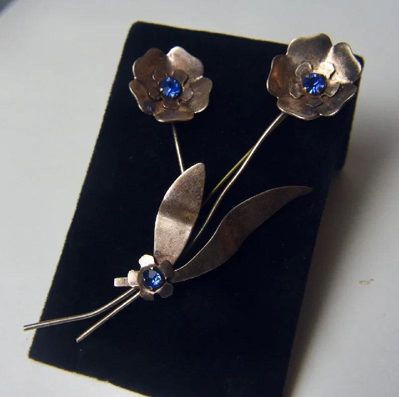 rose gold diamond brooch for women -Sterling Silver and Blue Crystal Flower Brooch