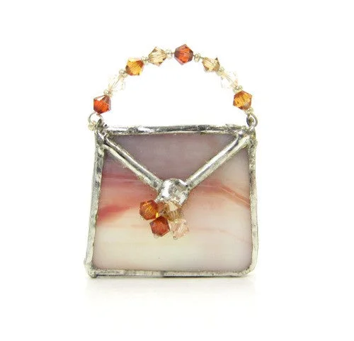 grid pattern brooch for women -Stained Glass Purse Brooch in White, Mauve & Orange