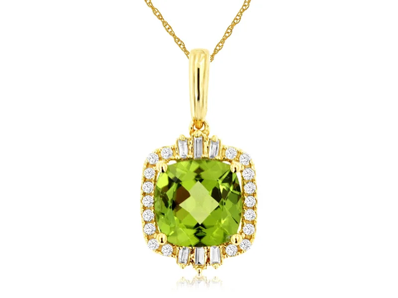 Vital spark necklaces -Cushion Cut Peridot Halo Pendant Necklace with Round and Emerald Diamond