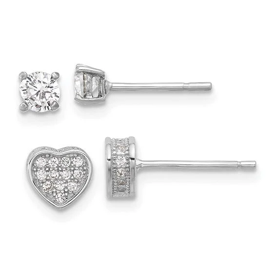 ladies yellow gold earrings daily -Sterling Silver Pavé CZ Heart & 4mm CZ Stud Post Earrings Set