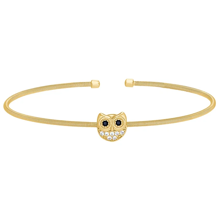 Ladies elephant strength bracelets -Gold Finish Sterling Silver Cable Cuff Owl Bracelet with Simulated Diamonds