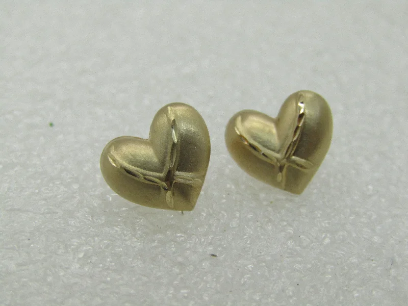 feather design earrings for women -Vintage 14kt Heart Stud Earrings,  Signed JCM, Diamond Cut Accents