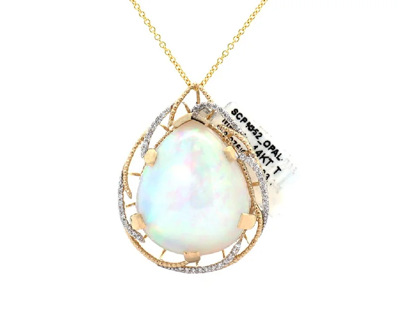 Gothic edge necklaces -New 32.54ct Pear Shaped Opal and 0.27ctw Diamond Wavey Frame Pendant Necklace14K