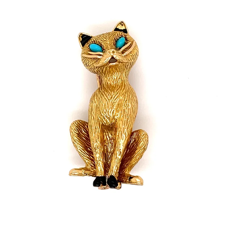 bubble texture brooch for women -Vintage Cartier Iconic Yellow Gold and Turquoise Set Cat Clip Brooch