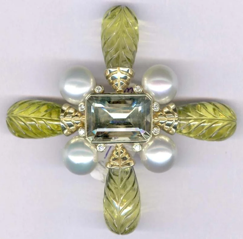 polished silver brooch for women -Repair - Brooch - Green Quartz, Lemon Quartz, Pearl and Diamond (1840E)