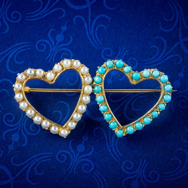 ladies silver brooch sodalite stones -Antique Victorian Turquoise Pearl Double Heart Brooch 18ct Gold