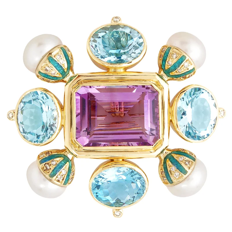 ladies silver brooch rose quartz -Brooch- Amethyst,blue Topaz,pearl & Diamond (Enamel)