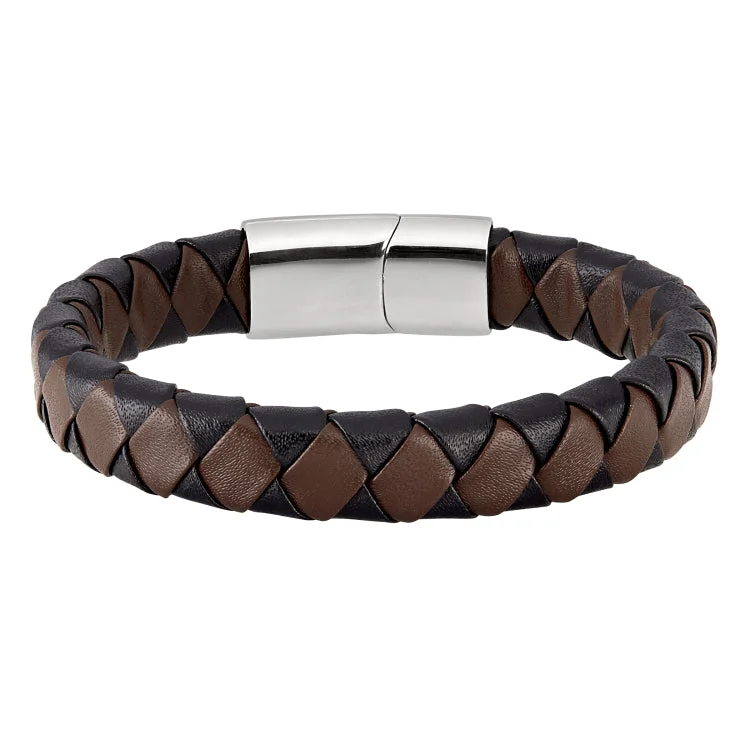 Ladies high gloss bracelets -Black and Brown Braided Leather Stainless Steel Bracelet