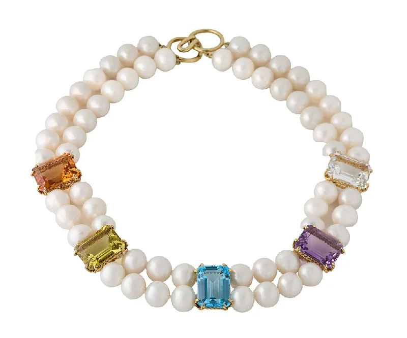 Thread-like necklaces -Scully & Scully Pearl and Multi Gemstone Double Strand Station Necklace in 18K