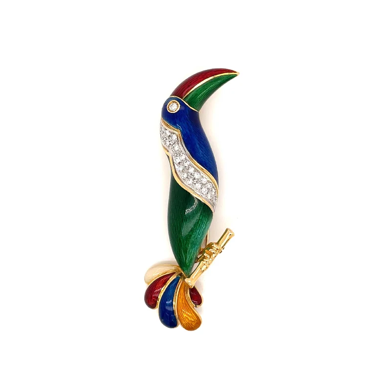 ladies silver brooch agate stones -Illario Diamond Enameled Parrot Brooch