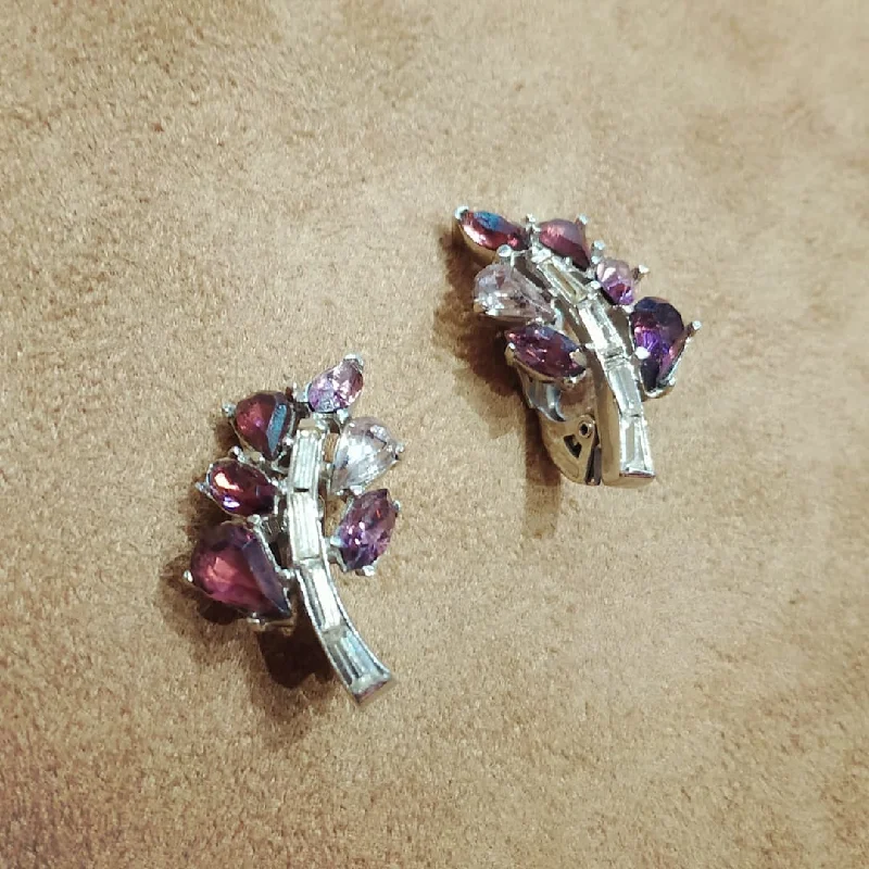 premium platinum earrings for women -Vintage Trifari Pink Purple Leafy Earrings