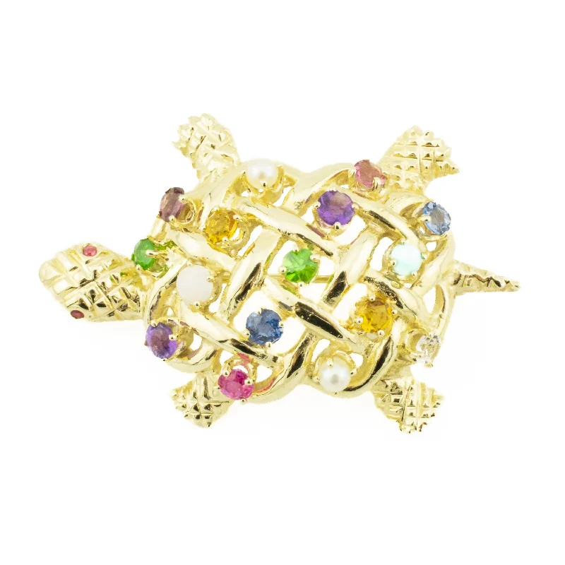 cross design brooch for women -Multi Gemstone Turtle Brooch Pin in 14K Yellow Gold