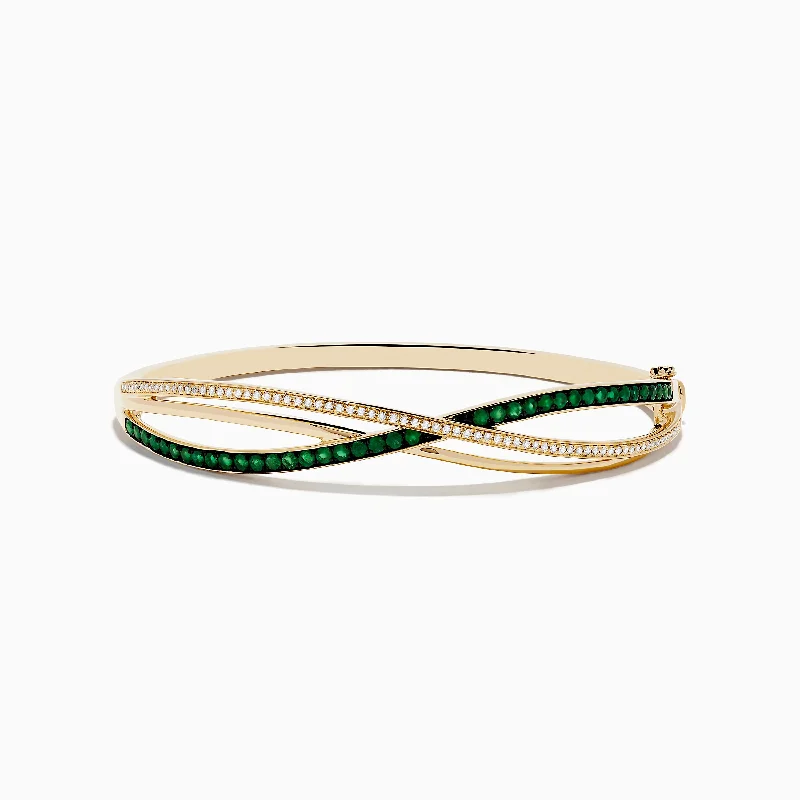 Ladies one-of-a-kind bracelets -Brasilica 14K Yellow Gold Emerald and Diamond Bangle