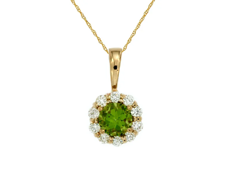 Starlit shine necklaces -14K Yellow Gold Round Peridot and Diamond Halo Pendant Necklace