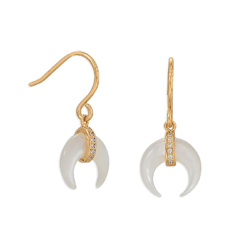 wave pattern earrings for women -Crescent Moon Mother of Pearl with CZ Gold Plated Sterling Silver Earrings