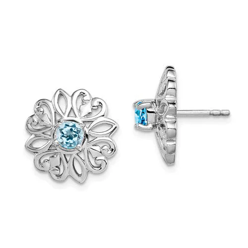 minimalist curve earrings for women -Sterling Silver Sky Blue Topaz Filigree Flower Stud Jacket Earrings