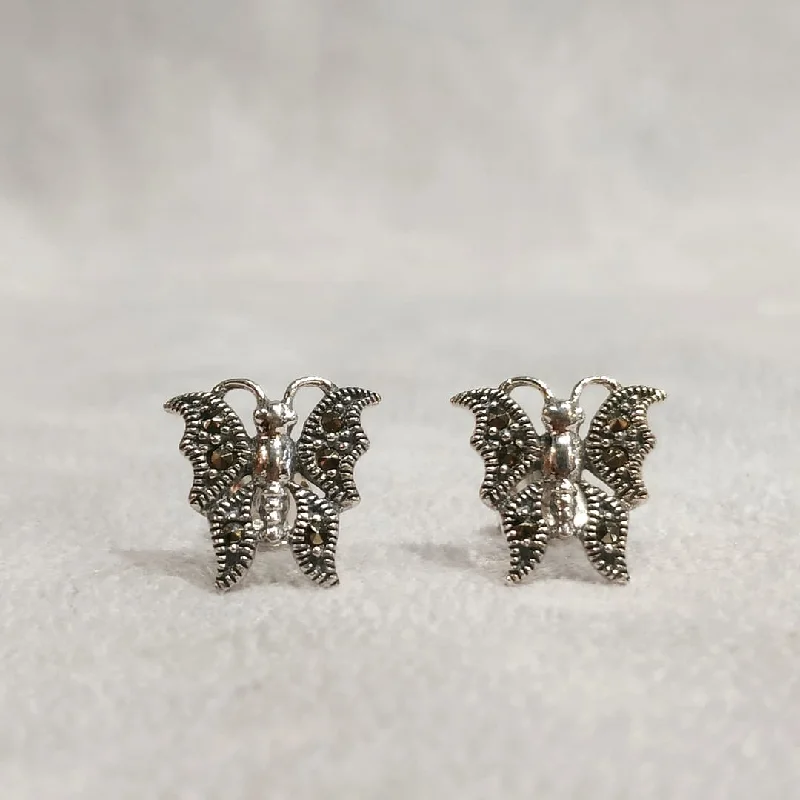 ladies teardrop earrings personalized -Silver Marcasite Butterfly stud Earrings