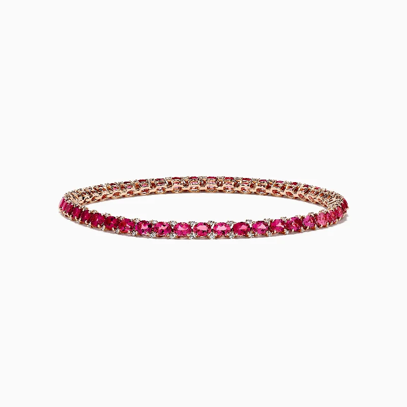 Ladies sentimental etched bracelets -14k Rose Gold Oval Pink Tourmaline and Ruby Tennis Bracelet 6.56 TCW