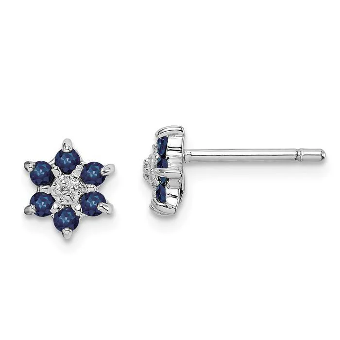 silver earrings for women floral motifs -Sterling Silver Genuine Blue Sapphire And Diamond 6mm Flower Post Earrings