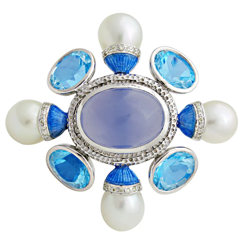 gold moon design brooch for women -Brooch-Chalcedony, Blue Topaz, South Sea Pearl and Diamond (Enamel)