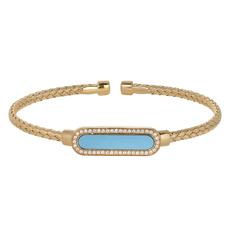 Ladies punk rock bracelets -Gold Finish Sterling Silver Basketweave Cable Cuff  Bracelet with an Oval with Simulated Diamonds and a Turquois Stone