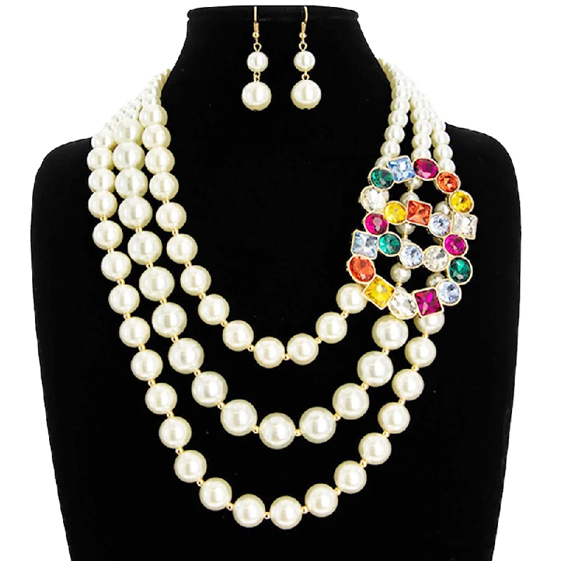 Phoenix plume necklaces -Stone Cluster Double Open Circle Accented Pearl Bib Necklace