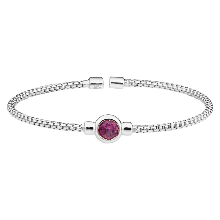 Ladies metro sleek bracelets -Rhodium Finish Sterling Silver Rounded Box Link Cuff Bracelet with Bezel Set Simulated Ruby Birth Gem