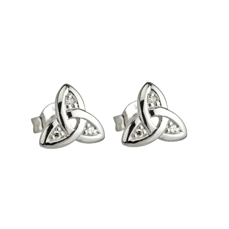 ladies hammered gold earrings -14k White Gold Diamond Trinity Knot Earrings