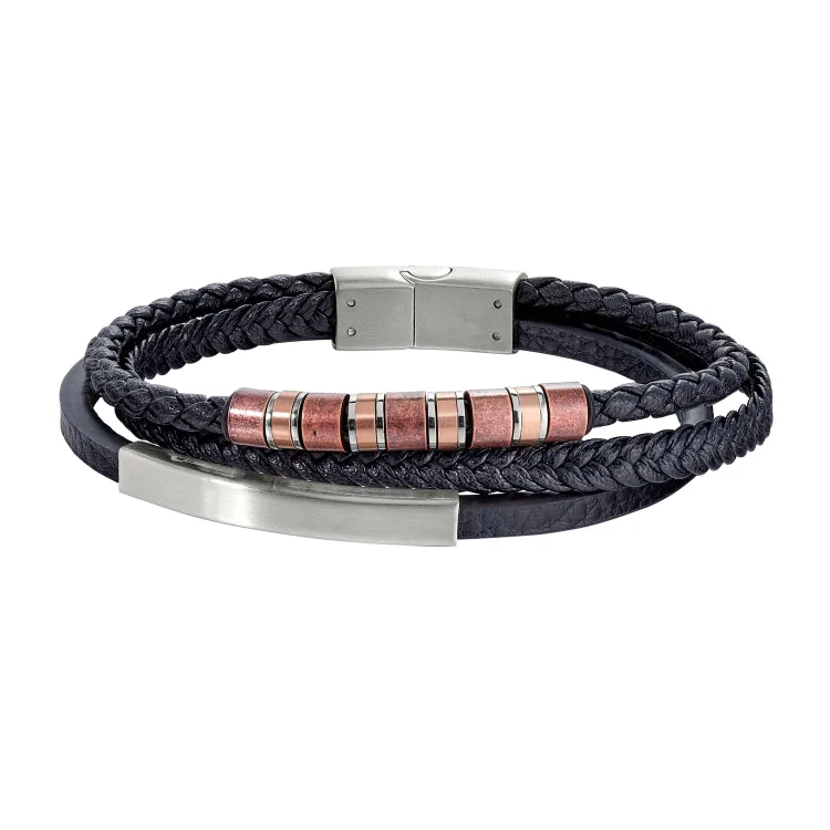 Ladies velvety smooth bracelets -Leather 3 Cord Bracelet With Stainless Steel Bar And 2 Toned Gold Spiral