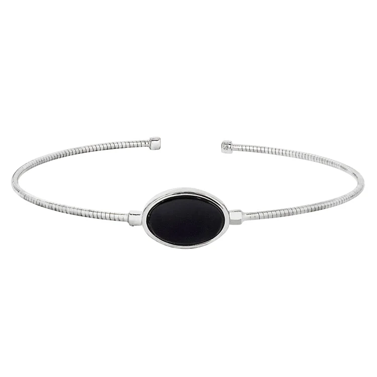 Ladies square edge bracelets -Rhodium Finish Sterling Silver Rounded Omega Cable Cuff Bracelet with an Oval Black Murano Stone