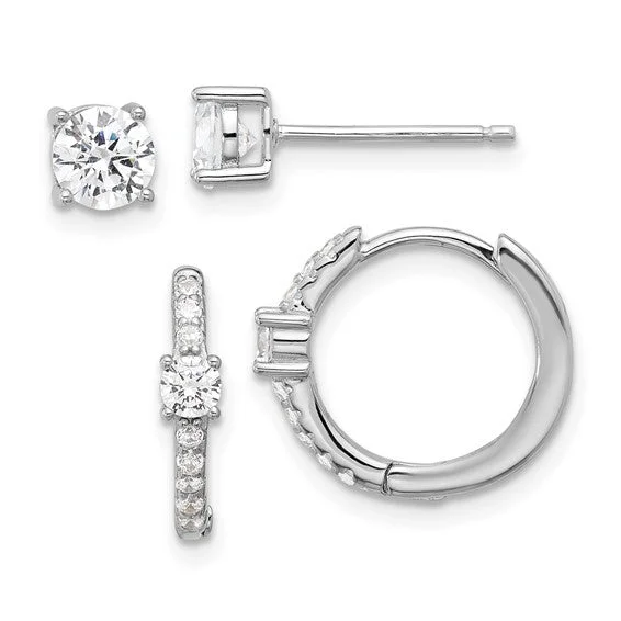 swirl texture earrings for women -Sterling Silver 5mm CZ Studs and Hinged Hoop Earrings Set