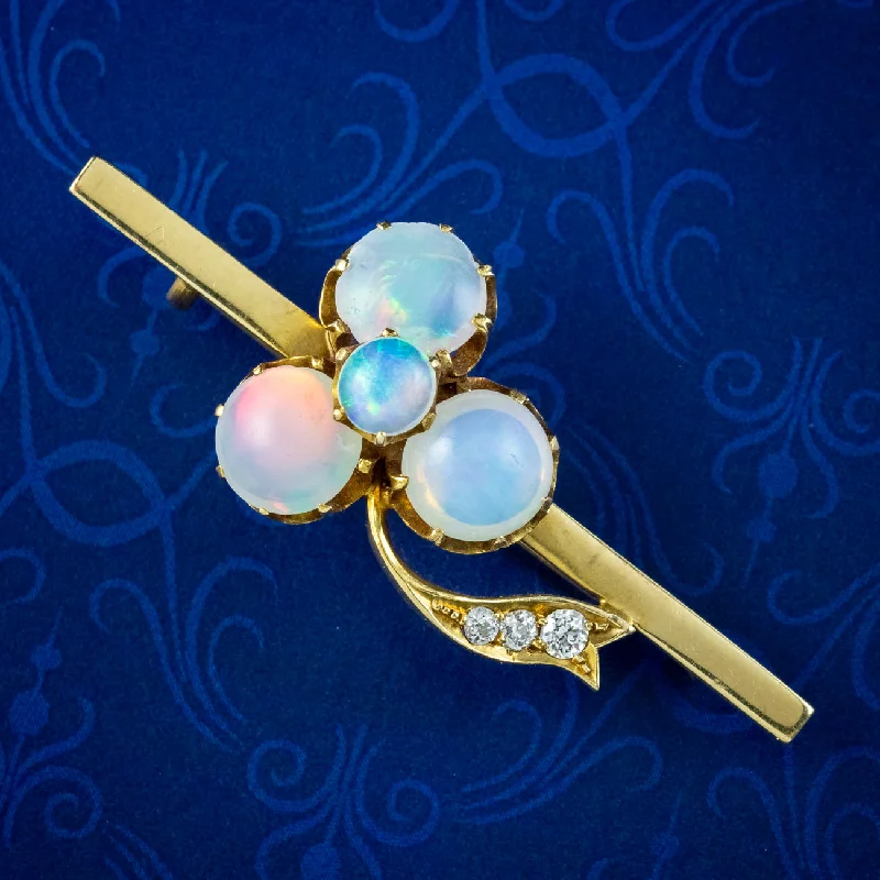 rose gold bar brooch for women -Antique Victorian Opal Diamond Shamrock Bar Brooch 18ct Gold